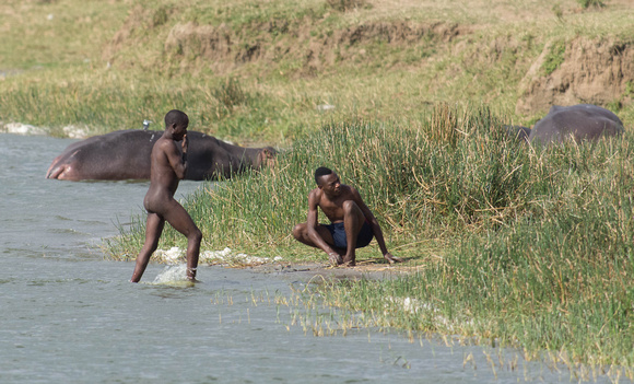 Boys bathing near hippos
