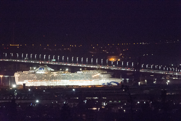 Grand Princess at night, in the Port of Oakland