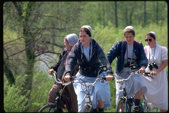 Amish girls birding & biking at Middlecreek WMA,  PA