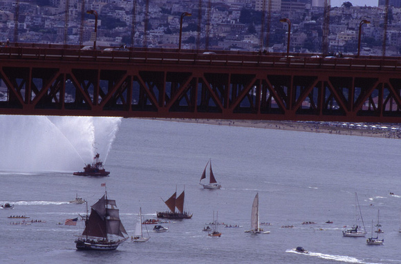Hokulea in SF Bay seen under Golden Gate Bridge